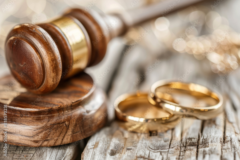 divorce background. Wedding rings with judges hammer divorce background. Wedding rings with judges hammer