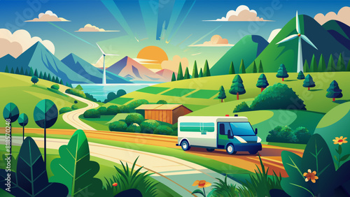 Scenic Landscape with Wind Turbines and Delivery Van on Country Road