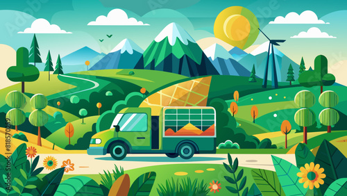Idyllic Sustainable Living Landscape with Solar-Powered Van © Oksa Art