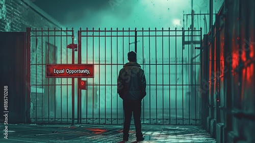 A character reaching out to a locked gate labeled "Opportunity," symbolizing social injustice and unequal opportunities.