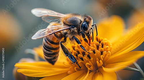 Honey bee and beautiful yellow flower spring