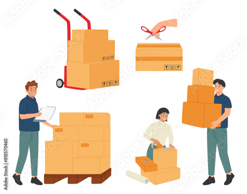 Delivery and packaging process. People pack, deliver, receive and unpack purchases. Mail box delivery.