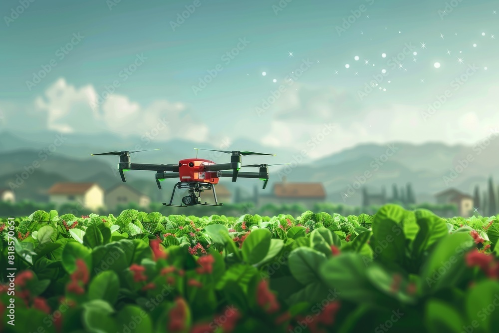 Precision agriculture with smart farming, hybrid drone operation, digital agriculture vehicle, monitoring fields, aerial view of tulip cultivation, and vector farming digitalisation