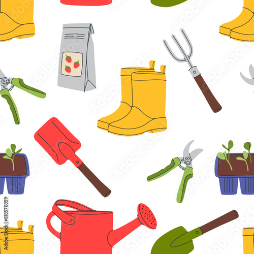 Various garden items. Gardening Tools. Gloves with seedling, flower pot, tulip, shears, scissors, shovel, rubber boots