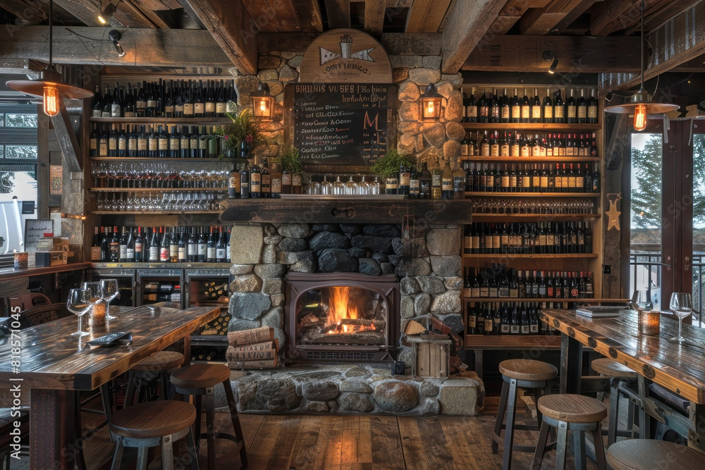 A rustic winery with a cozy tasting room, guests enjoying wine by a fireplace, a warm and inviting atmosphere highlighting the hospitality of the wine industry.