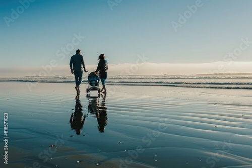 A beautiful scene of a man and woman walking with a stroller along the beach. Capturing the happy moments of a beach stroll