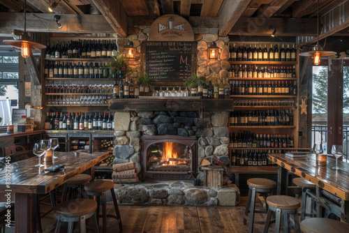 A rustic winery with a cozy tasting room, guests enjoying wine by a fireplace, a warm and inviting atmosphere highlighting the hospitality of the wine industry. © acambium64