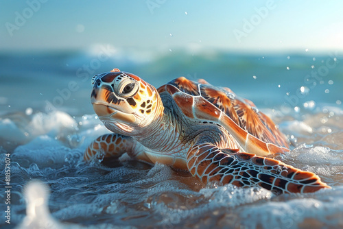 A sea turtle being released back into the ocean from a sandy beach, a symbol of successful rehabilitation efforts in marine wildlife conservation.