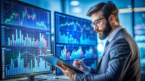 Economic Research Analysis: An economist analyzing complex economic data on charts and digital models, alone in a focused, scholarly environment, highlighting in-depth economic study.
 photo