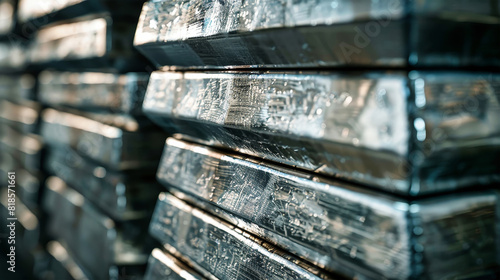 A stack of silvery metal bars gleams in a warehouse, reflecting the industrial process of smelting at a metallurgical plant photo