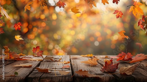 Wooden table with orange fall leaves  autumn natural background