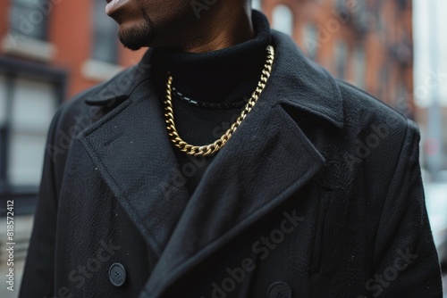 A stylish view of a man in a black coat wearing a gold necklace. Capturing an elegant fashion style