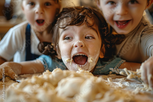 Children's eager expressions as they taste raw dough, capturing the delightful anticipation of baking treats photo