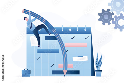 Smart businessman using pencil how pole vault and jumping over calendar. Flexible work schedule. Challenge to overcome deadline or project timeline difficulty