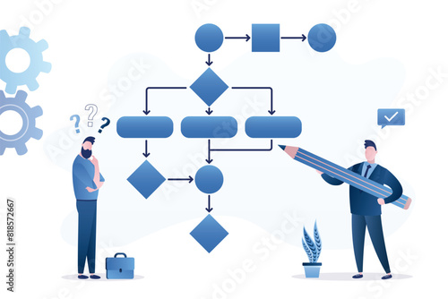 Work algorithm. Teamwork, businessmen write workflow diagram process. Business process or model, flowchart to get result, map or plan for business procedure