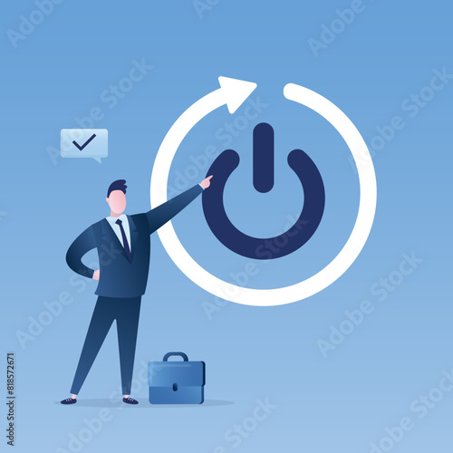Smart businessman press giant reboot or restart button. Time to restart business or career, restart new journey. Ambition man change to improve results.