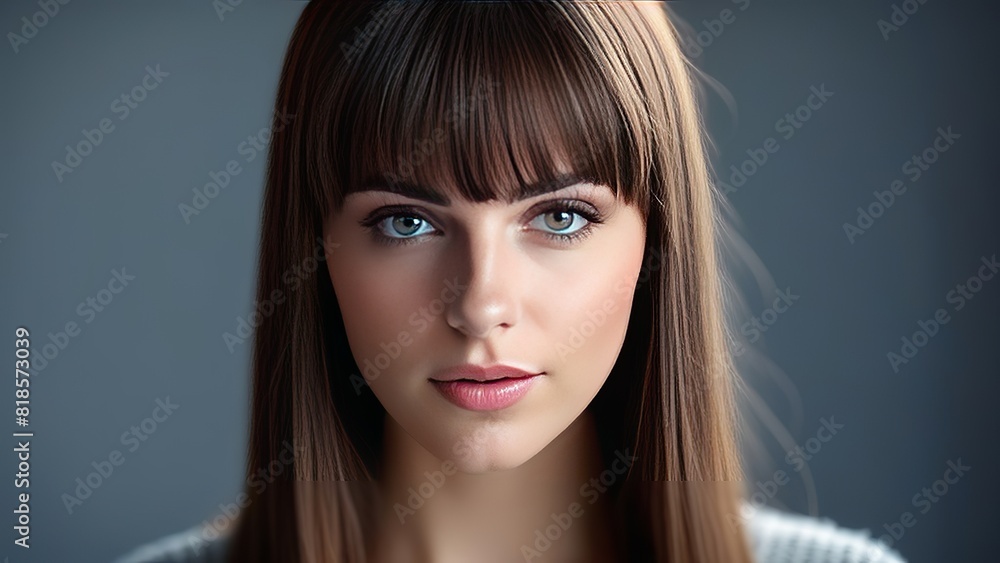 Naklejka premium A close-up portrait of a young woman with brown hair and blue eyes. The softly grey background and soft lighting highlight her striking features and serene expression