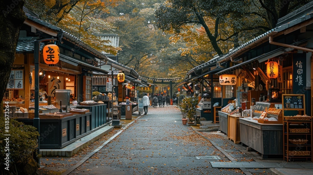 Japanese festival with minimalistic food stalls and traditional sweets