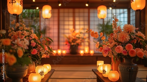 Japanese festival with simple floral arrangements and soft lighting