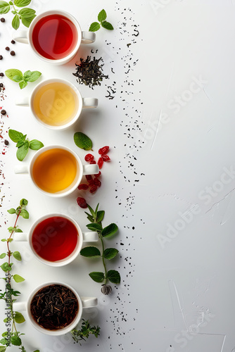 Assortment of herbal teas in cups, presented appealingly on a clean white background
