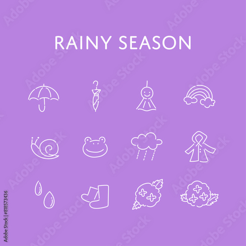 手描きのシンプルな梅雨のイラストセット