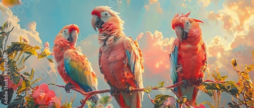 Three vibrant parrots perched on branches with a colorful sky background and lush foliage, showcasing the beauty of tropical birds. photo