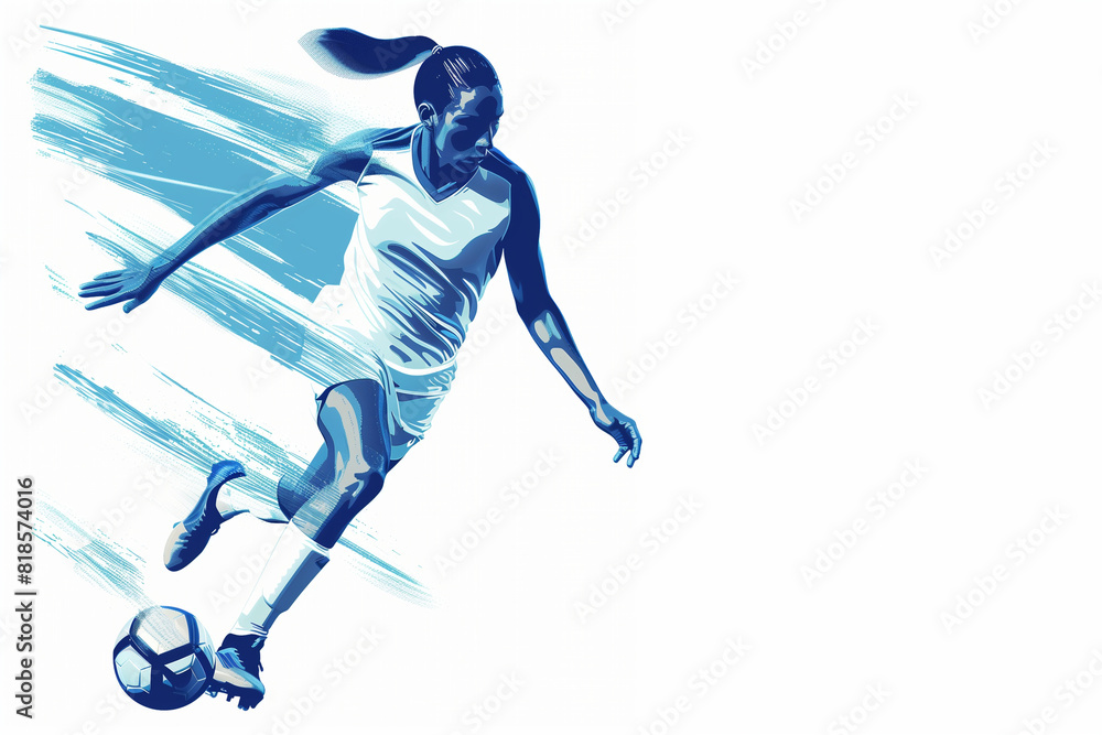 Fototapeta premium silhouette of a person. Banner, abstract female silhouette of a soccer player with a ball, blue and white colors, minimalism, illustration with copy space. Sketch for creativity.