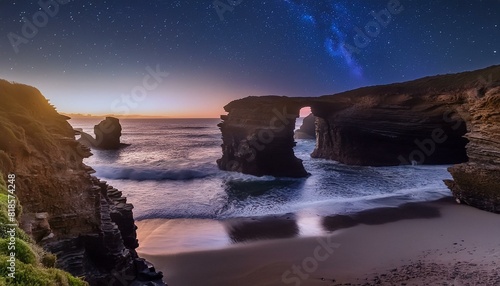 Moonlit Majesty: Catedrais Beach in Spain at Night
