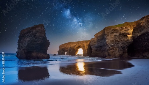 Moonlit Majesty: Catedrais Beach in Spain at Night
