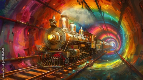 Rainbow Journey: Vibrant LGBT-Themed Steampunk Train in Fantasy Tunnel
