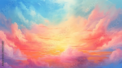 Abstract painted sky with vibrant cloud colors. Twilight sky in sunset with pastel watercolor and fantasy cloud background. Artistic background with a blend of pink, blue, and orange hues. AIG35.
