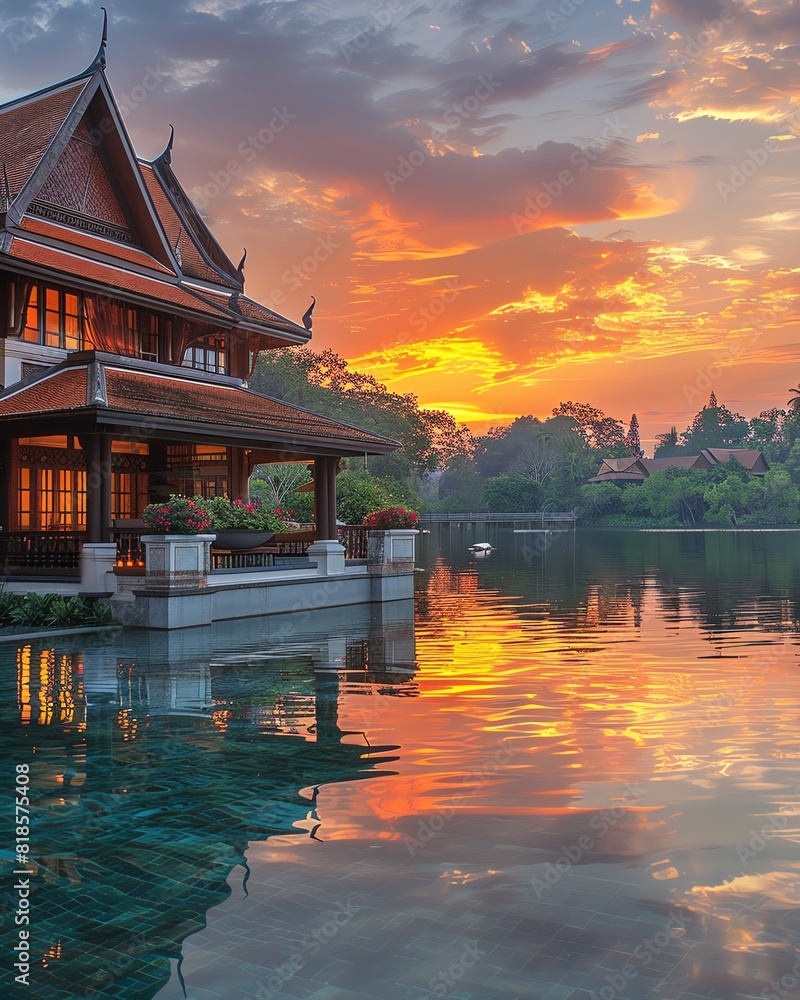 Obraz premium A beautiful sunset over a luxurious resort in Thailand. The resort is surrounded by lush gardens and has a private beach. The perfect place to relax and enjoy the amazing scenery.