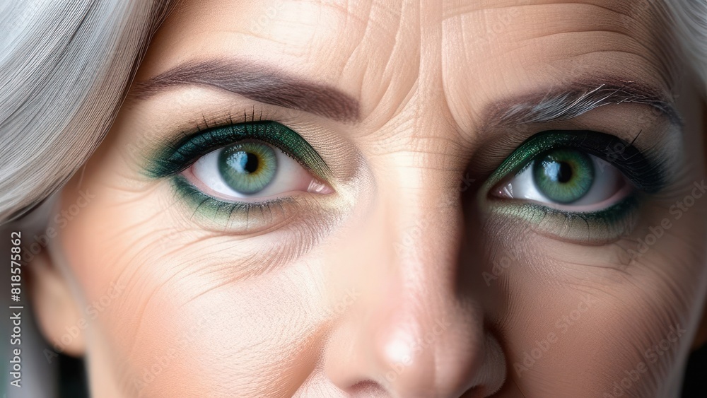 Naklejka premium An extreme close-up of an older woman’s eyes with green eyeshadow and wrinkles, capturing the intensity and depth of her gaze. The detailed textures highlight her experience and wisdom
