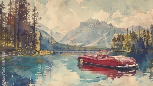 A retro boat scene with classic cars and vintage attire, floating on a tranquil lake, Vintage, Watercolor