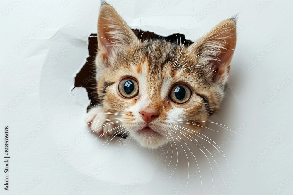 a cat peeking out of a hole in a wall