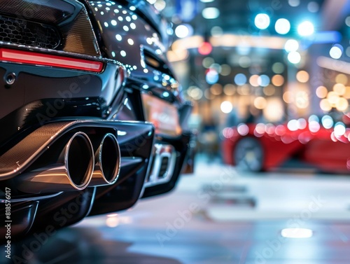 The dual exhaust pipes of a black sports car. AI.