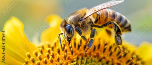A bee pollinating a sunflower. AI. © serg3d