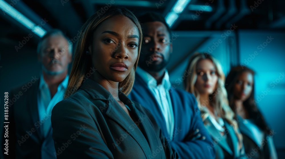 Obraz premium A group of serious-looking business professionals standing together in a dimly lit room. AI.
