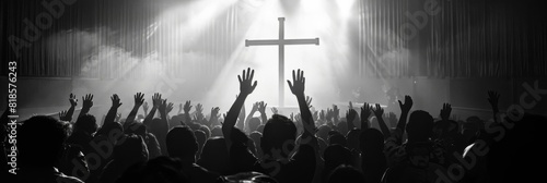 People raising their hands in worship during a church service. AI.