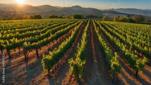 Rows of grape vines stretch to the horizon  casting shadows in the setting sun. AI.