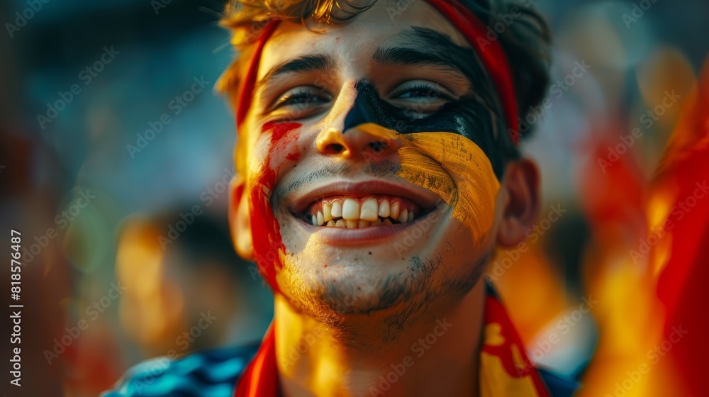 Vibrant Portrait of a Joyful male Germany Supporter with a German Flag Painted on His Face, Celebrating at UEFA EURO 2024