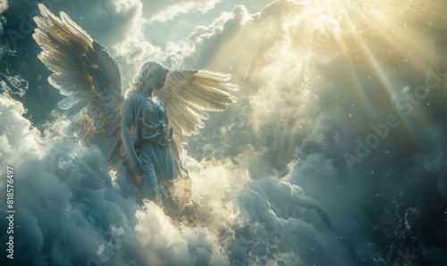 A beautiful depiction of an angel with outstretched wings  standing on a bed of clouds and bathed in heavenly light. AI.
