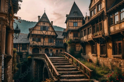 A beautiful European village with half-timbered houses and a stone bridge. AI.