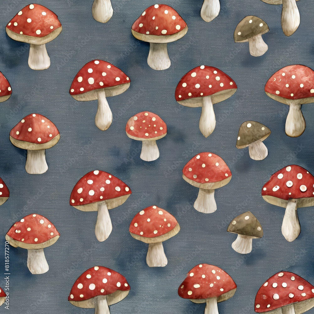 Watercolor mushroom in seamless pattern on dark blue background Watercolor mushroom in seamless pattern on dark blue background