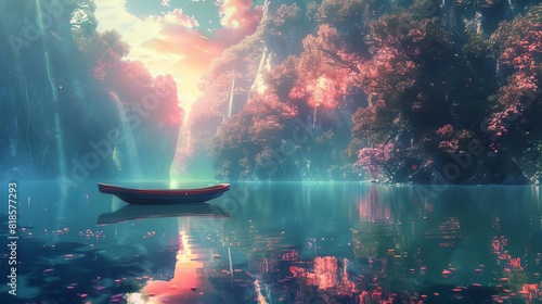 A serene lake with a holographic boat and virtual scenery, creating a peaceful escape, Futuristic, Digital Painting