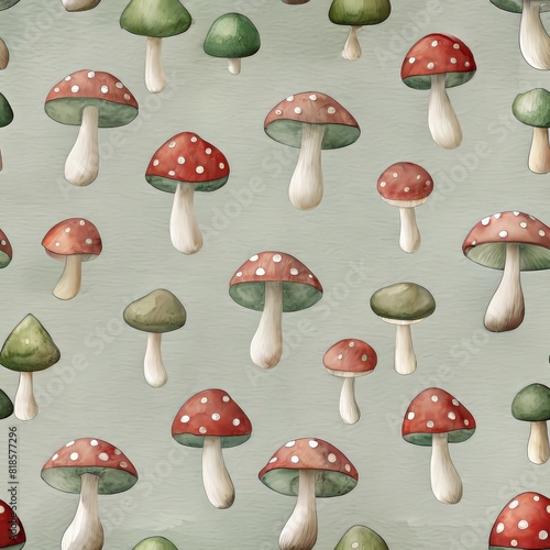 Watercolor mushroom in seamless pattern on grey background
