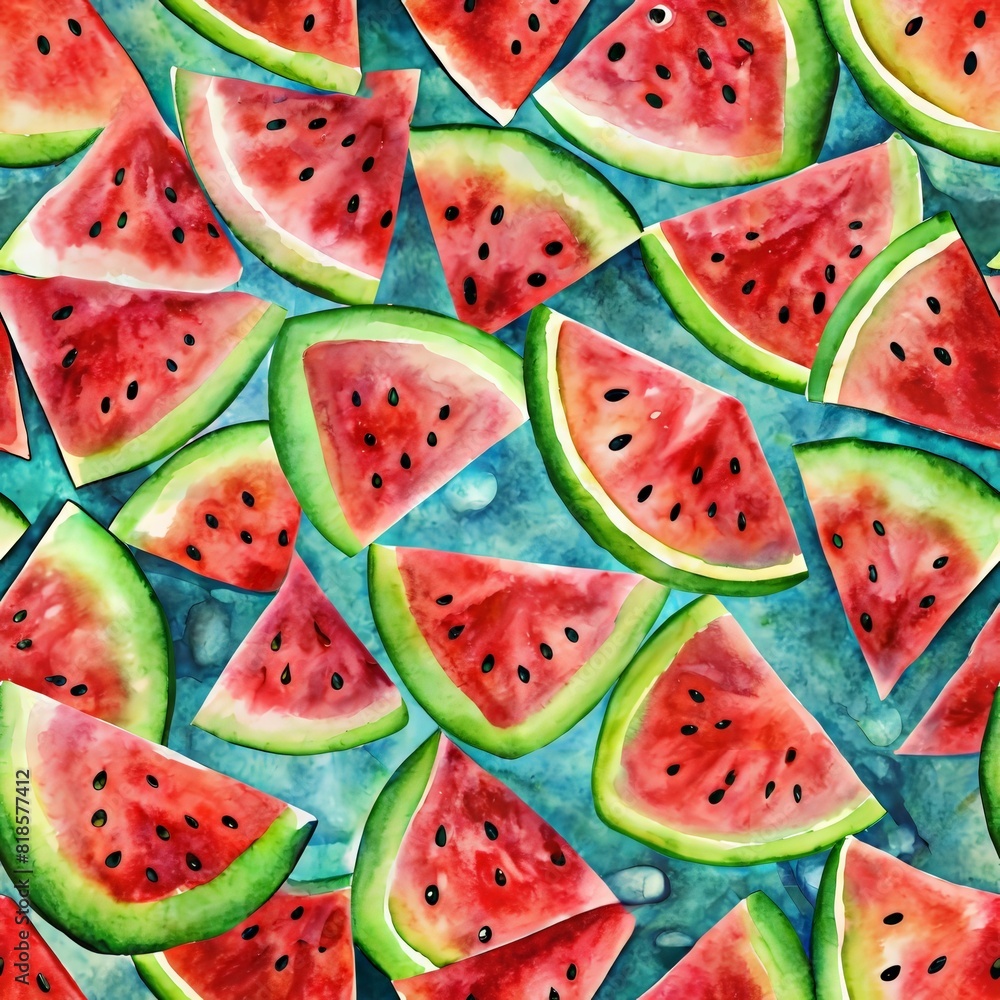 Watercolor watermelon slice in seamless pattern Watercolor watermelon slice in seamless pattern