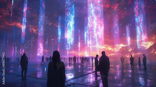 A serene music festival at dawn with holographic displays and digital patterns in the sky, Futuristic, Digital Painting