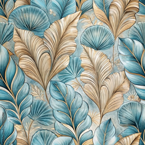 Blue and gold palm leaf and shell in seamless pattern on blue background