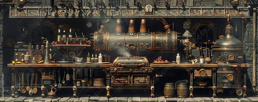 A steampunk barbecue with brass grills, mechanical tongs, and steampowered food preparation, Steampunk, Illustration5